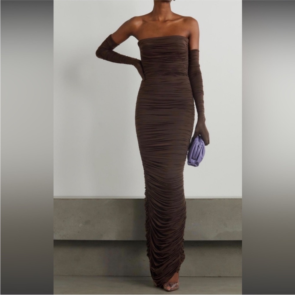 Alex Perry Brown Ruched Parton Dress with sleeves